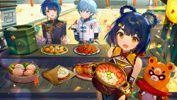 Rule 34 | 1girl, 2boys, :d, ainy, animal, bare shoulders, bear, black dress, black gloves, black jacket, blue eyes, blue hair, bodysuit, bodysuit under clothes, book, bowl, braid, breasts, chili pepper, china dress, chinese clothes, chongyun (genshin impact), chopsticks, closed mouth, commentary request, cropped jacket, day, dress, earrings, eating, fingerless gloves, food, from above, frown, gem, genshin impact, gloves, guoba (genshin impact), hair ornament, hairclip, holding, holding book, holding bowl, holding chopsticks, holding food, hood, hood down, jacket, jewelry, lantern, long sleeves, looking at another, looking at viewer, meat, medium hair, multiple boys, open mouth, orange eyes, outdoors, paper lantern, paprika, photoshop (medium), plate, short hair, short sleeves, single earring, sitting, small breasts, smile, standing, tagme, turtleneck, vegetable, vision (genshin impact), white jacket, xiangling (genshin impact), xingqiu (genshin impact), yellow dress