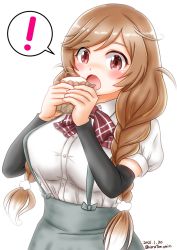 Rule 34 | 1girl, arm warmers, baozi, bow, bowtie, braid, brown eyes, cloud hair ornament, commentary request, cowboy shot, eating, food, gradient hair, grey skirt, highres, kantai collection, light brown hair, long hair, low twin braids, minegumo (kancolle), multicolored hair, one-hour drawing challenge, plaid, plaid bow, plaid bowtie, plaid neckwear, pleated skirt, red bow, red bowtie, shirt, skirt, solo, suspender skirt, suspenders, twin braids, ura tomomi, white shirt