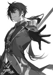 Rule 34 | 1boy, artist name, coat, collared shirt, commentary, cowlick, dated, earrings, expression request, formal, from below, genshin impact, gloves, gold trim, gradient hair, greyscale, hair between eyes, hair tie, highres, holding, holding polearm, holding weapon, jewelry, long sleeves, looking at viewer, male focus, monochrome, multicolored hair, outstretched arm, pants, polearm, ponytail, ring, shirt, short hair with long locks, sidelocks, simple background, single earring, solo, spear, srro yo, standing, suit, tassel, tassel earrings, thumb ring, vest, weapon, white background, zhongli (genshin impact)