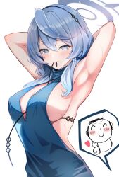 Rule 34 | 1boy, 1girl, absurdres, ako (blue archive), ako (dress) (blue archive), armpits, arms up, blue archive, blue dress, blue hair, blue halo, blush, breasts, doodle sensei (blue archive), dress, halo, highres, kuromiz, large breasts, looking at viewer, sensei (blue archive), simple background, twitter, upper body, white background