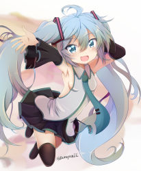 Rule 34 | 1girl, ahoge, aqua eyes, aqua hair, arm behind head, armpits, boots, breasts, commentary request, detached sleeves, fang, gradient hair, hatsune miku, headphones, highres, long hair, looking at viewer, multicolored hair, necktie, open mouth, sideboob, skirt, small breasts, smile, solo, tamayan, thigh boots, thighhighs, twintails, twitter username, very long hair, vocaloid