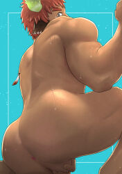 Rule 34 | 1boy, absurdres, animal ears, anus, ass, ass focus, bara, brown hair, completely nude, cow boy, cow ears, cow horns, dotsu (wtnbkwiyd), feet out of frame, fiery horns, forked eyebrows, from below, highres, horns, looking back, male focus, muscular, muscular male, nude, short hair, solo, sweat, testicle grab, thick eyebrows, thick thighs, thighs, tokyo houkago summoners, very sweaty, wakan tanka