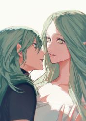 Rule 34 | 2girls, absurdres, black shirt, breasts, byleth (female) (fire emblem), byleth (fire emblem), chinese commentary, cleavage, collarbone, commentary request, eye contact, fire emblem, fire emblem: three houses, from side, green eyes, green hair, hand on another&#039;s chest, highres, huangjin shizi, long hair, looking at another, multiple girls, nintendo, parted lips, pointy ears, portrait, rhea (fire emblem), shirt, simple background, white background, yuri