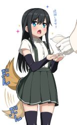 Rule 34 | 10s, 1girl, arm warmers, asashio (kancolle), black hair, black thighhighs, blue eyes, blush, dessert, food, gloves, hyouju issei, ice cream, kantai collection, kemonomimi mode, open mouth, simple background, skirt, socks, solo focus, sparkle, suspenders, tail, tail wagging, thighhighs, white background, zettai ryouiki