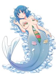 Rule 34 | 1girl, blue eyes, blue hair, blush, breasts, completely nude, convenient censoring, fins, food, food on body, full body, head fins, ice, itatatata, looking at viewer, lying, meat, medium breasts, mermaid, monster girl, nude, nyotaimori, on back, simple background, solo, sushi, touhou, wakasagihime, white background