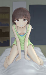 Rule 34 | 1girl, absurdres, accidental exposure, barefoot, bed, bed sheet, bedroom, blue camisole, bob cut, bookshelf, breasts, brown eyes, brown hair, camisole, commentary, door, downblouse, furrowed brow, grin, hands on another&#039;s thighs, highres, indoors, leaning forward, light blush, looking at viewer, naughty face, no bra, original, pov, sc naru, short hair, sitting, sitting on person, small breasts, smile, solo, tank top, under covers, upturned eyes, waking another, wariza, yellow tank top