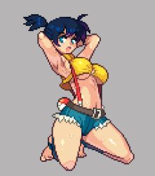 Rule 34 | 1girl, alternate hair color, armpits, arms behind head, barefoot, belt, black hair, blue eyes, breasts, creatures (company), curvy, female focus, game freak, grey background, kneeling, large breasts, looking at viewer, misty (pokemon), nintendo, no bra, open mouth, pixel art, poke ball, pokemon, pokemon: the electric tale of pikachu, shiny clothes, shiny skin, shirt, short shorts, shorts, solo, solo focus, sweat, thighs, torn clothes, torn shorts, underboob, wet, yellow shirt, yumurama