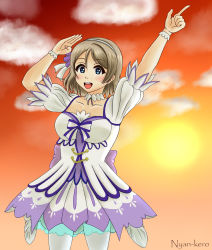 Rule 34 | 1girl, artist name, artist request, back bow, blue eyes, blush, bow, braid, breasts, brightest melody, choker, cloud, collarbone, dress, earrings, female focus, flower, grey hair, hair flower, hair ornament, hairbraid, highres, jewelry, light brown hair, looking at viewer, love live!, love live! sunshine!!, nyan-kero (28kr caflog), nyankero, orange sky, outdoors, puffy short sleeves, puffy sleeves, purple bow, ribbon, salute, short hair, short sleeves, skirt, sky, small breasts, smile, solo, watanabe you, white choker, white dress, white skirt, white wrist cuffs, wrist cuffs