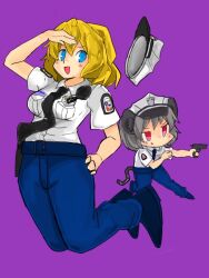 Rule 34 | 2girls, alice margatroid, animal ears, black necktie, blonde hair, blue eyes, blue footwear, blue pants, breast pocket, breasts, collared shirt, commentary request, cookie (touhou), full body, grey hair, gun, hand on own hip, handgun, hat, hat loss, holding, holding gun, holding weapon, jumping, kanakamei1, kofji (cookie), looking at viewer, medium bangs, medium breasts, mouse ears, mouse girl, mouse tail, multiple girls, nazrin, necktie, open mouth, pants, pocket, police, police hat, police uniform, policewoman, purple background, red eyes, salute, shirt, shoes, short hair, short sleeves, simple background, smile, tail, touhou, uniform, walkie-talkie, weapon, web (cookie), white hat, white shirt