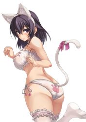 Rule 34 | 1girl, animal ears, ass, bare shoulders, bell, black hair, blush, bra, breasts, butt crack, cat cutout, cat ear panties, cat ears, cat lingerie, cat tail, choker, cleavage cutout, clothing cutout, covered erect nipples, fake animal ears, frilled thighhighs, frills, hairband, jingle bell, konohana enishi, large breasts, looking at viewer, looking back, meme attire, no shoes, original, panties, paw pose, paw print, print panties, purple eyes, ribbon, sengoku aky, short hair, side-tie panties, solo, tail, tail ornament, tail ribbon, thighhighs, underwear, underwear only, white panties, white thighhighs