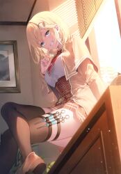 Rule 34 | 1girl, absurdres, blonde hair, blue eyes, capelet, crossed legs, day, desk, grin, hair ornament, high-waist skirt, highres, hololive, hololive english, indoors, jacket, looking at viewer, medium hair, on desk, open clothes, open jacket, plaid, plaid skirt, scan, shirt, shoes, sitting, on desk, skirt, smile, solo, thighhighs, toosaka asagi, virtual youtuber, watson amelia, white shirt, window, window blinds