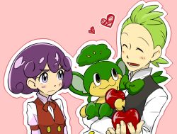 Rule 34 | &gt;:(, 1boy, 1girl, :d, ^ ^, apple, black vest, bow, bowtie, brown eyes, burgundy (pokemon), buttons, cilan (pokemon), closed eyes, collared shirt, creatures (company), food, frown, fruit, game freak, gen 5 pokemon, green bow, green bowtie, green hair, heart, holding, holding food, holding fruit, long sleeves, mizumori namo, nintendo, open mouth, pansage, pink background, pokemon, pokemon (anime), pokemon (creature), pokemon bw (anime), purple hair, red vest, shirt, short hair, simple background, smile, traditional bowtie, v-shaped eyebrows, vest, white shirt