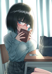 Rule 34 | 1girl, bag, black hair, blue eyes, blunt bangs, blunt ends, bob cut, book, breast rest, breasts, breasts on table, chair, commentary request, covering face, curtains, desk, frilled skirt, frills, glasses, highres, holding, holding book, italian text, large breasts, long sleeves, looking to the side, menbou (menbow3v), original, reading, red-framed eyewear, school bag, school chair, school desk, shirt, short hair, sitting, skirt, white shirt, window