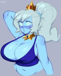 Rule 34 | 1girl, absurdres, adventure time, alternate body size, alternate breast size, arm behind head, bare arms, bare shoulders, blue eyes, blue skin, blush, breasts, cartoon network, cleavage, colored skin, cropped torso, crown, facing viewer, grey background, high ponytail, highres, ice king, ice queen (adventure time), large breasts, looking at viewer, nezulet, no bra, plump, queen, shy, simple background, solo, sports bra, tank top, upper body, white hair
