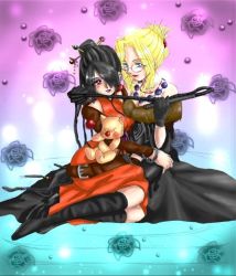 Rule 34 | 2girls, black hair, blonde hair, blue eyes, blush, boots, breasts, cosplay, costume switch, final fantasy, final fantasy viii, final fantasy x, glasses, gloves, lips, lipstick, lulu (ff10), makeup, moogle, multiple girls, quistis trepe, red eyes, sitting, skirt, whip