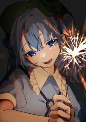 Rule 34 | 1girl, :d, absurdres, blue eyes, blue hair, chromatic aberration, fireworks, frilled shirt collar, frills, green hat, hair bobbles, hair ornament, hat, highres, holding fireworks, kappa mame, kawashiro nitori, open mouth, smile, solo, sparkler, touhou