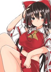 Rule 34 | 1girl, arm up, ascot, black eyes, black hair, blush, bow, breasts, closed mouth, detached sleeves, golgi hon, hair between eyes, hair bow, hair tubes, hakurei reimu, highres, large breasts, long hair, midriff, miniskirt, red bow, red skirt, ribbon-trimmed sleeves, ribbon trim, sidelocks, simple background, sitting, skirt, solo, touhou, white background, wide sleeves