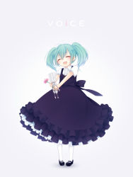 Rule 34 | 1girl, copyright name, dress, closed eyes, flower, green hair, hatsune miku, highres, mary janes, open mouth, pantyhose, robot, shiro mayu, shoes, solo, twintails, vocaloid, voice (vocaloid)