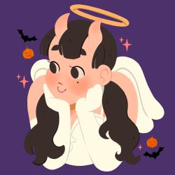 Rule 34 | angel wings, black hair, dress, dungeon meshi, elbow gloves, gloves, halloween costume, halo, highres, horns, humbuns, inutade, jack-o&#039;-lantern, looking to the side, mole, mole under eye, oni, smile, twintails, white dress, white gloves, wings