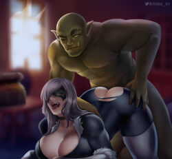 Rule 34 | 1boy, 1girl, argag, bald, black cat (marvel), catsuit, clothed female nude male, felicia hardy, green eyes, highres, marvel, mask, mrgobbo, muscular, muscular male, nude, orc, torn clothes, white hair, yellow eyes