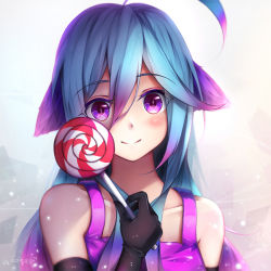 Rule 34 | 1girl, ahoge, bagus casbon, bare shoulders, blue hair, blush, borrowed character, candy, collarbone, commission, dress, food, hair between eyes, holding, holding food, lollipop, multicolored hair, original, pink dress, pink eyes, pink hair, sidelocks, simple background, sleeveless, sleeveless dress, slit pupils, smile, solo, sweets, two-tone hair, upper body, white background