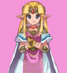 Rule 34 | 1girl, armor, bad id, bad twitter id, bangle, blonde hair, blue eyes, blunt bangs, bracelet, closed mouth, crumbs, dress, eating, food in mouth, forehead protector, gem, headpiece, jewelry, necklace, nintendo, nyagiratwist, pauldrons, pink background, pointy ears, princess zelda, shoulder armor, simple background, smile, solo, super smash bros., the legend of zelda, the legend of zelda: a link between worlds, triforce
