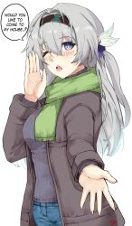 Rule 34 | 1girl, absurdres, black coat, black hairband, blush, breasts, coat, commentary, english commentary, english text, firefly (honkai: star rail), green scarf, grey hair, grey sweater, hair intakes, hairband, hand up, highres, honkai: star rail, honkai (series), kagurachi, long hair, looking at viewer, medium breasts, one eye closed, open clothes, open coat, open mouth, purple eyes, ribbed sweater, scarf, solo, speech bubble, sweater, upper body, very long hair