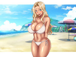 Rule 34 | 1girl, ass, blonde hair, blue eyes, breasts, cleavage, female focus, hot mikan, large breasts, long hair, mature female, solo, swimsuit