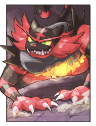 Rule 34 | all fours, artist name, border, claws, colored sclera, commentary request, creatures (company), fire, furry, game freak, gen 7 pokemon, green eyes, incineroar, nintendo, odo 7ta, outside border, parted lips, pokemon, pokemon (creature), sharp teeth, smile, solo, teeth, white border, yellow sclera