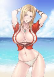 Rule 34 | 1girl, arms up, bad id, bad pixiv id, beach, bikini, bikini bottom only, blonde hair, blue eyes, breasts, contrapposto, day, dead or alive, hip focus, jewelry, large breasts, long hair, looking at viewer, navel, necklace, outdoors, smile, solo, standing, swimsuit, tecmo, thighs, tina armstrong, vasily (run211), white bikini