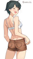 Rule 34 | 1girl, ass, black hair, bra, bra strap, breasts, brown shorts, from above, highres, kantai collection, looking to the side, mogami (kancolle), one-hour drawing challenge, pocket, short hair, shorts, simple background, small breasts, smile, solo, tomboy, twitter username, underwear, white background, white bra, yamano rita