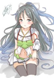 Rule 34 | 1girl, armor, black hair, black thighhighs, blue eyes, breastplate, calin, commentary request, cowboy shot, dated, hair ribbon, highres, kantai collection, katsuragi (kancolle), long hair, looking at viewer, one-hour drawing challenge, pleated skirt, ponytail, ribbon, signature, simple background, sitting, skirt, solo, thighhighs, white background, white skirt