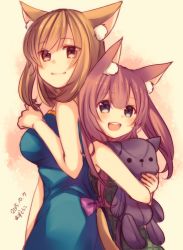 Rule 34 | 2015, 2girls, animal ears, artist name, azu torako, back-to-back, blue dress, blue eyes, blush, brown eyes, brown hair, cat ears, cat girl, cat tail, closed mouth, dated, dress, holding, holding stuffed toy, long hair, looking at viewer, multiple girls, open mouth, original, signature, smile, stuffed animal, stuffed cat, stuffed toy, tail, teeth