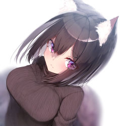 Rule 34 | 1girl, absurdres, animal ear fluff, animal ears, backlighting, blurry, blurry background, blush, breasts, brown hair, brown shirt, closed mouth, commentary request, depth of field, dutch angle, from above, hair between eyes, highres, looking at viewer, mayogii, medium breasts, original, purple eyes, shirt, solo, striped clothes, striped shirt, tail, upper body, vertical-striped clothes, vertical-striped shirt, white background