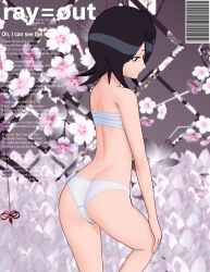 Rule 34 | 1girl, arruru, ass, bandaged chest, black hair, bleach, breast wrap, closed mouth, cover, field, flower, flower field, highres, ice, kuchiki rukia, looking down, magazine cover, panties, parted bangs, purple eyes, ray=out, sad, shinigami, short hair, underwear