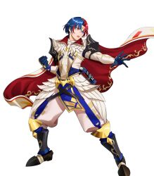 Rule 34 | 1boy, alear (engaging fire) (fire emblem), attack, black footwear, blue eyes, blue gloves, blue hair, cape, circlet, clenched hand, fire emblem, fire emblem engage, gloves, gold trim, heterochromia, highres, mikurou (nayuta), multicolored cape, multicolored clothes, nintendo, non-web source, official alternate costume, open mouth, pelvic curtain, red cape, red eyes, red hair, scroll, solo, upper body, white cape