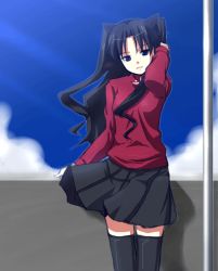 Rule 34 | 00s, 1girl, arm behind head, black eyes, black hair, black thighhighs, fate/stay night, fate (series), long hair, long sleeves, looking at viewer, lowres, senji (tegone spike), skirt, solo, thighhighs, tohsaka rin, turtleneck, two side up, wind, zettai ryouiki