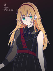 Rule 34 | 1girl, asymmetrical sleeves, belt, black dress, black ribbon, blonde hair, closed mouth, collared dress, commentary request, dated, distortion (love live!), dress, fly iadiial, gradient background, green eyes, hairband, heanna sumire, highres, long hair, long sleeves, looking at viewer, love live!, love live! superstar!!, neck ribbon, red belt, red hairband, ribbon, see-through, see-through sleeves, sidelocks, solo, standing, upper body