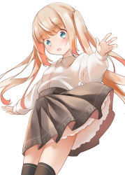 Rule 34 | 1girl, :d, black skirt, black thighhighs, blue eyes, blush, brown hair, collared shirt, comah, dress shirt, hand up, highres, long hair, long sleeves, looking at viewer, open mouth, original, pleated skirt, puffy long sleeves, puffy sleeves, shirt, simple background, skirt, smile, solo, thighhighs, twintails, very long hair, white background, white shirt