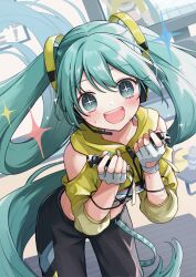 Rule 34 | + +, 1girl, :d, absurdres, aqua eyes, aqua hair, aqua nails, bent over, black pants, blush, clothing cutout, commentary, cropped jacket, feet out of frame, fingerless gloves, fitness boxing, floating hair, gloves, hair ornament, handheld game console, hatsune miku, headphones, headset, highres, hood, hooded jacket, indoors, jacket, keyboard (computer), lanyard, long hair, looking at viewer, midriff, monitor, nagitofuu, nail polish, nintendo switch, official alternate costume, open mouth, pants, shoulder cutout, smile, solo, sparkling aura, standing, sweat, teeth, track pants, twintails, upper teeth only, very long hair, vocaloid, white gloves, yellow jacket