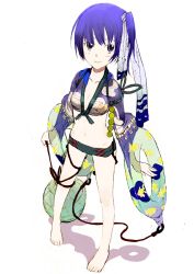 Rule 34 | 1girl, barefoot, breasts, cleavage, flat chest, from above, innertube, navel, okama, original, pigeon-toed, purple eyes, purple hair, short hair, shorts, side ponytail, small breasts, smile, solo, swim ring
