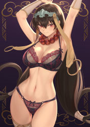 Rule 34 | 1girl, armpits, arms up, bare shoulders, bead necklace, beads, blush, bra, breasts, brown hair, cleavage, closed mouth, detached sleeves, earrings, fate/grand order, fate (series), hair between eyes, headpiece, highres, hoop earrings, jewelry, large breasts, long hair, looking at viewer, low-tied long hair, mashuu (neko no oyashiro), navel, necklace, panties, prayer beads, purple background, purple bra, purple panties, red eyes, smile, solo, thighhighs, thighs, underwear, underwear only, very long hair, xuangzang sanzang (fate)