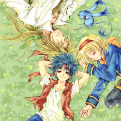 Rule 34 | 1girl, 2boys, ahoge, bandages, black pantyhose, blonde hair, blouse, blue hair, blue shirt, cecilia lynne adelhyde, circle formation, day, from above, gloves, grass, hairband, hanpan, headband, hiromine masaki, jack van burace, multiple boys, outdoors, pantyhose, red hairband, rody roughnight, shirt, short hair, simple background, white shirt, wild arms, wild arms 1