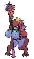 Rule 34 | 1girl, armlet, breasts, claws, cleft of venus, completely nude, darkest dungeon, fish girl, full body, hair over one eye, holding, holding staff, jewelry, large breasts, long hair, monster girl, multicolored skin, necklace, nipples, nude, pink eyes, priestess, pussy, scales, shaman, shell, solo, staff, standing, tiara, transparent background, two-tone skin, xelsword