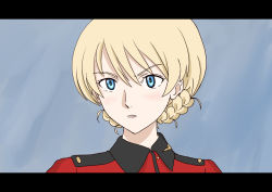 Rule 34 | 1girl, blonde hair, blue eyes, braid, commentary, darjeeling (girls und panzer), frown, girls und panzer, jacket, letterboxed, looking to the side, military, military uniform, mito (mitotank), open mouth, portrait, red jacket, short hair, solo, st. gloriana&#039;s military uniform, twin braids, uniform