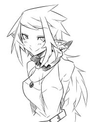 Rule 34 | 1girl, bare shoulders, elf, greyscale, jewelry, jin (mugenjin), long hair, messy hair, monochrome, necklace, original, pointy ears, smile, solo