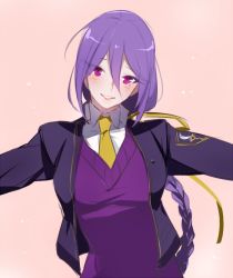 Rule 34 | 1girl, alternate breast size, bad id, bad twitter id, blush, braid, breasts, cropped jacket, eltnum, happy, long hair, looking at viewer, melty blood, necktie, outstretched arms, purple eyes, purple hair, single braid, sion eltnam atlasia, smile, solo, spread arms, sweater, tsukihime, tusia, under night in-birth, v-neck, vampire, very long hair