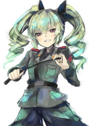 Rule 34 | 10s, 1girl, absurdres, anchovy (girls und panzer), anzio military uniform, artist request, black ribbon, drill hair, female focus, girls und panzer, green hair, hair ribbon, highres, long hair, looking at viewer, red eyes, ribbon, school uniform, smile, solo, twin drills, twintails
