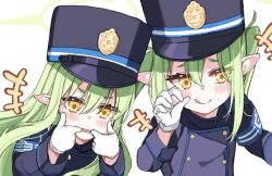 Rule 34 | +++, 2girls, :q, armband, blue archive, blue armband, blue hat, blue jacket, finger in own mouth, gloves, green hair, hat, hikari (blue archive), jacket, long hair, long sleeves, mouth pull, multiple girls, nozomi (blue archive), open mouth, peaked cap, pointy ears, sacha, short eyebrows, siblings, sidelocks, sisters, tongue, tongue out, twins, twintails, white background, white gloves, yellow eyes