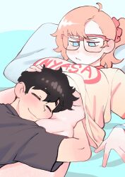 Rule 34 | 1boy, 1girl, ahoge, belly, black hair, blue eyes, blush, bottomless, breasts, colo (nagrolaz), commentary, english commentary, english text, freckles, frown, glasses, highres, kyler (sweethex), large breasts, navel, orange hair, red-framed eyewear, red hair, rita (sweethex), shirt, short hair, sleeping, sleeping on person, smile, sweethex, t-shirt, unamused, underboob